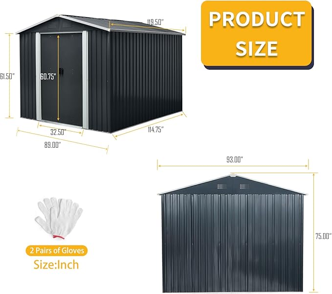 KEIKI 8x10 FT Outdoor Metal Storage Shed with Peaked Roof,Vents and Lockable Sliding Door for Garden Yard Lawn