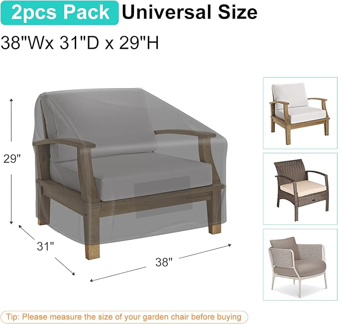 Patio Chair Covers for Outdoor Furniture Waterproof 2 Pack, Lawn Chair Covers 600D Heavy Duty Oxford Cloth, Large Covers for Lounge Lawn Deep Seat Black 38" W x 31" D x 29" H