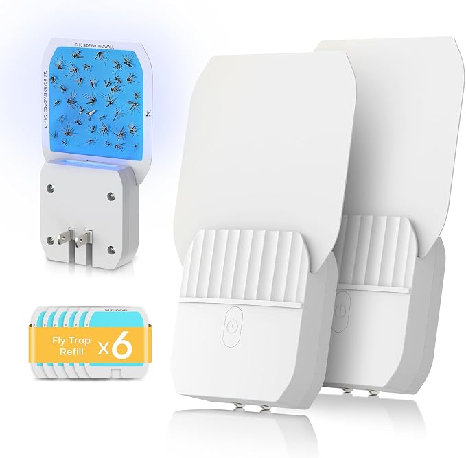 Fruit Fly Traps for Indoors,Plug in Fly Trap with UV Light & Glue Cards,Fly Trap Indoor for Gnats, Mosquitoes,Moths & More,Bug Zapper for House Kitchen Garage, 2 Pack & 6 Refills