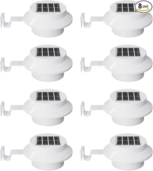 8 Pack White Solar Powered Gutter Lights Outdoor Decorative Waterproof Led Fence Lamp for Lighting Railing, Outside Wall, Deck, Garden, Path, Backyard, Sidewalk, Yard, Patio, No Drilling Installation