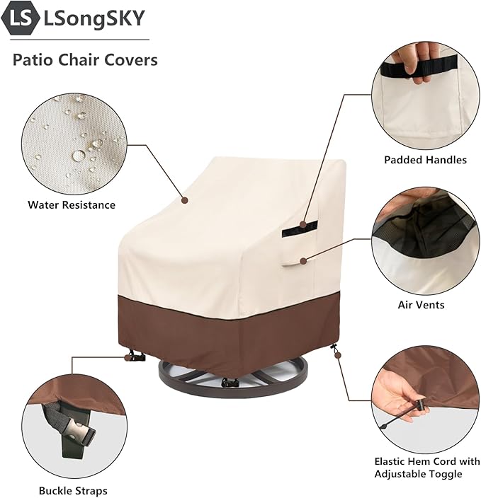 Outdoor Swivel Chair Cover 2 Pack,100% Waterproof Heavy Duty Patio Chair Covers,(35 W x 37 D x 38.5 H inches) Swivel Patio Chair for Outdoor Furniture Covers Waterproof,Beige&Brown