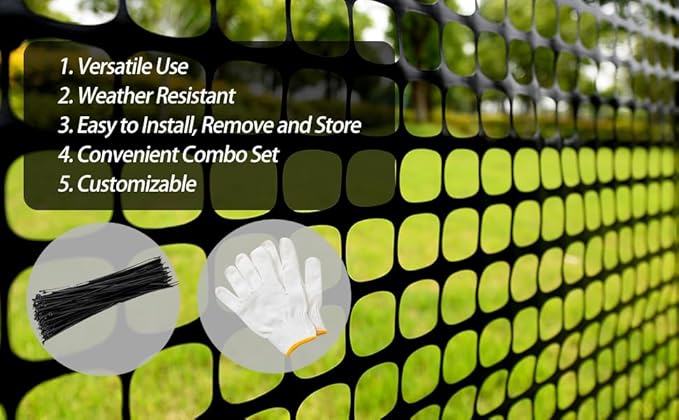 PotatoLife Plastic Mesh Fence Safety Fence, 2'x25' Roll with 50 Zip Ties, Resuable Temporary Netting for Garden Fencing, Construction, Snow Fencing, Animal Barrier, Poultry, Deer, Patio, Black