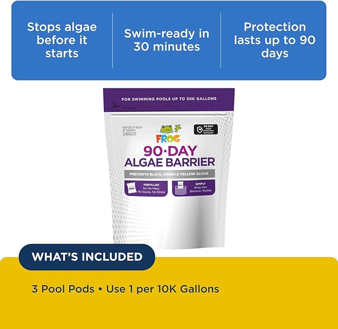 FROG 90-Day Algae Barrier - Dry Formula Algaecide Prevents Black, Green and Yellow Algae for Pools up to 30,000 Gallons - Pool Maintenance & Algae Prevention - 3 Pods
