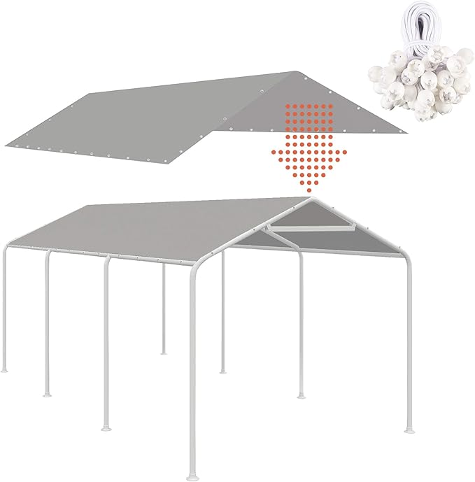 Thanaddo 10 x 20 Ft Carport Replacement Canopy Cover Garage Top Tent Shelter Tarp with Free 44 Ball Bungee Cords,Grey(Only Cover, Frame Not Include)