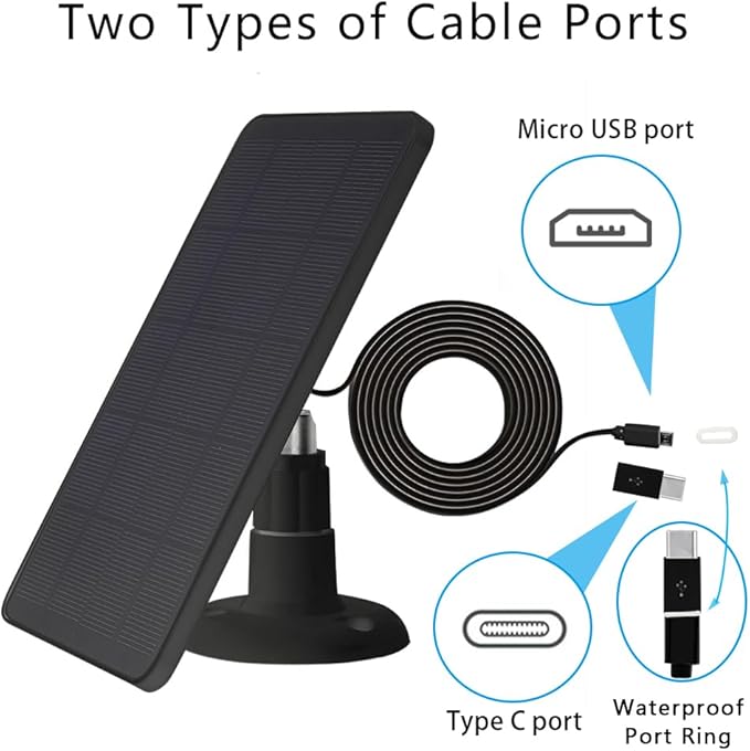 Solar Panel Compatible with WYZE Battery Cam Pro, EufyCam 2C/2C Pro, 4W 5V Solar Panel with 10ft Micro USB Charging Cable for Outdoor Battery Camera, Tpye C Adapter, Adjustable Wall Mount, Black
