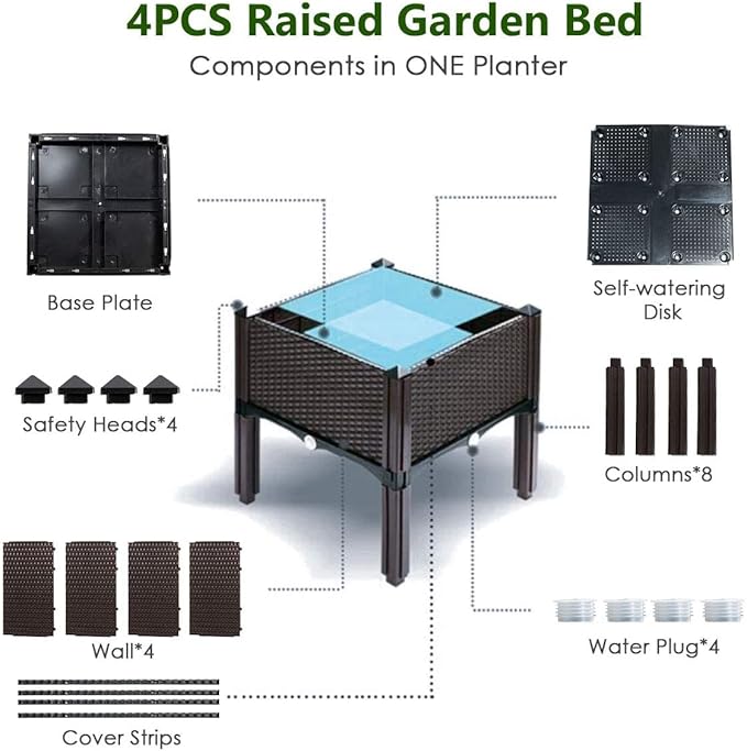 LDAILY LUARANE Raised Garden Bed Kit, Outdoor Plastic Planter Box Set of 4, Elevated Garden Beds with Brackets, Suitable for Garden Patio Balcony Dining Room