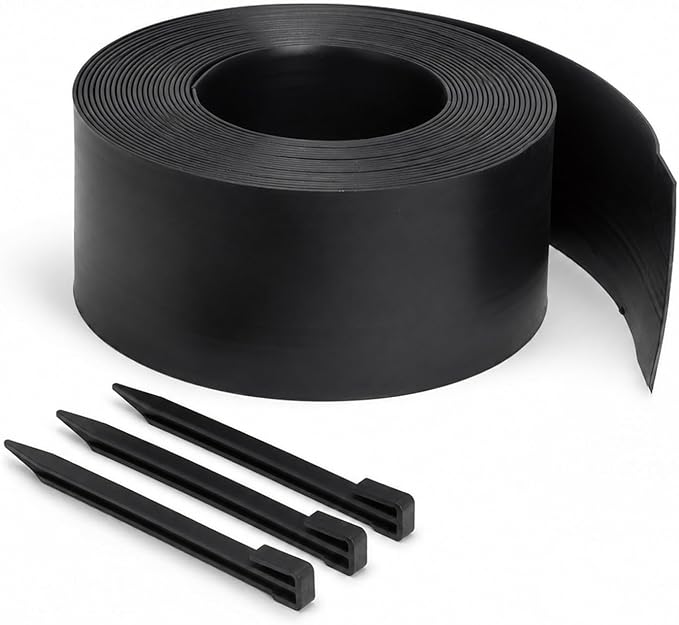 60FT Flexible Landscape Edging Coil – Weather Resistant Garden Border with Installation Tools & Stakes, Fade-Resistant Plastic for Flower Beds, Curved Edges & Mulch Retention, No Dig