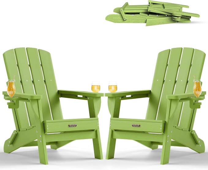 Folding Adirondack Chair Set of 2, HDPE Adirondack Chairs with 2 Cup Holder, Plastic All-Weather Fire Pit Chairs, Outdoor Lawn Chair for Patio Garden (Lime)