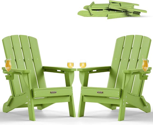 Folding Adirondack Chair Set of 2, HDPE Adirondack Chairs with 2 Cup Holder, Plastic All-Weather Fire Pit Chairs, Outdoor Lawn Chair for Patio Garden (Lime)
