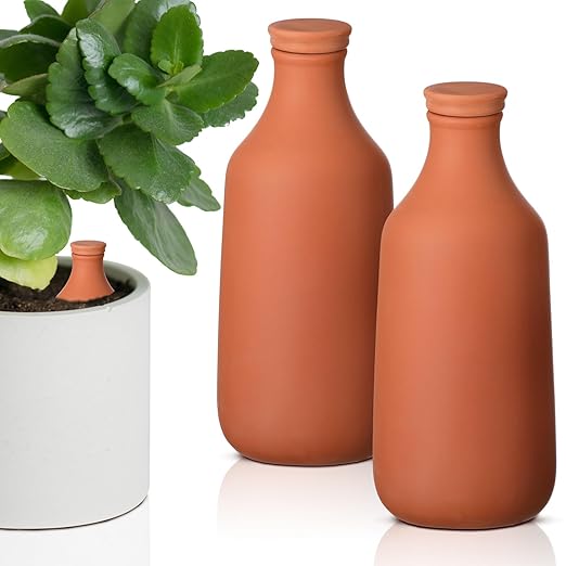 DoubleFill 2 Pcs 18oz Ollas Terracotta Watering Pots Self Watering Planter Insert Terracotta Globes Clay for Outdoor Indoor Garden Plants, Easy to Refill