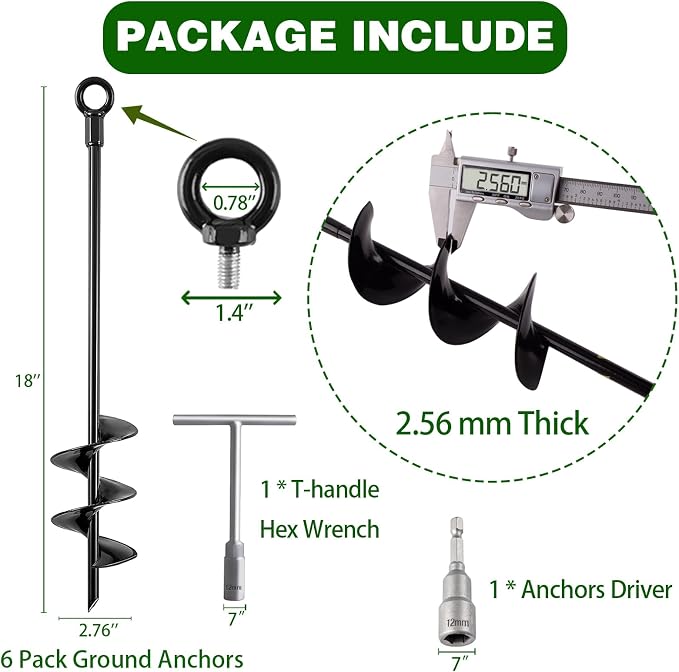 Fabulas Ground Anchors Screw in, 18 Inch Heavy Duty Swing Set Ground Anchor Kit 6 Pack, Spiral Earth Trampoline Stakes High Wind Metal Auger Stakes for Dog Sheds Tent Carports Camping