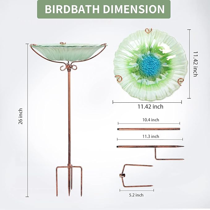 MUMTOP 26 Inch Height Glass Birdbath Birdfeeder with Metal Stake Garden Outdoor Green