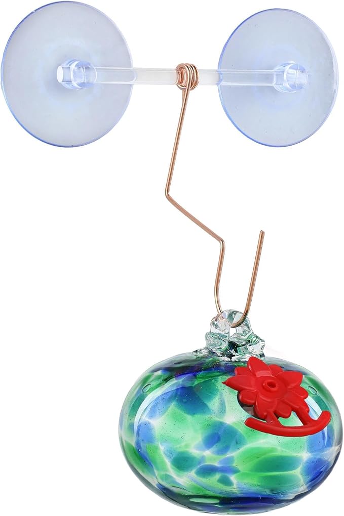 QFkris Blown Glass Hummingbird Feeder with Suction Cups for Window, Small Hummingbird Feeder with Flower Feeding Ports for Outside Garden Backyard Decor, Gifts for Women Mom(Green)