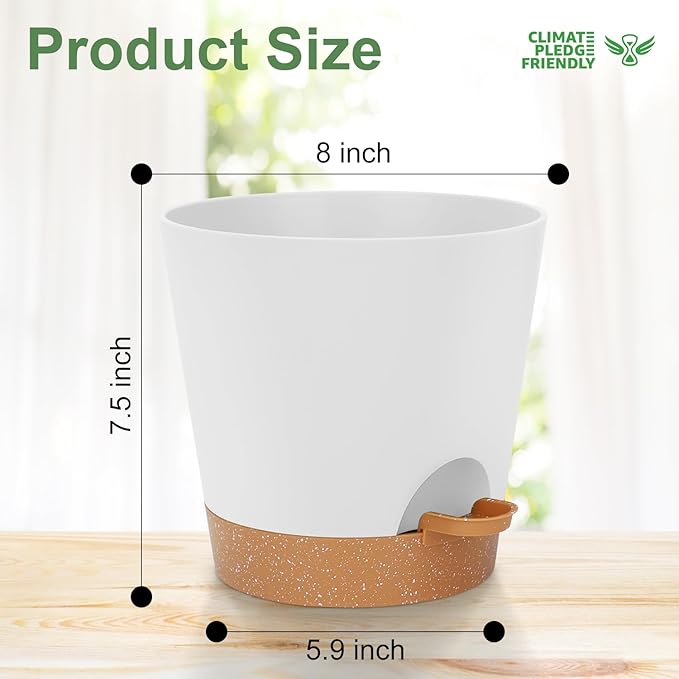 YNNICO 8-Inch Plant Pots, Self-Watering Planters with Drainage Holes & Saucers for Indoor and Outdoor Plants (2-Pack, White)