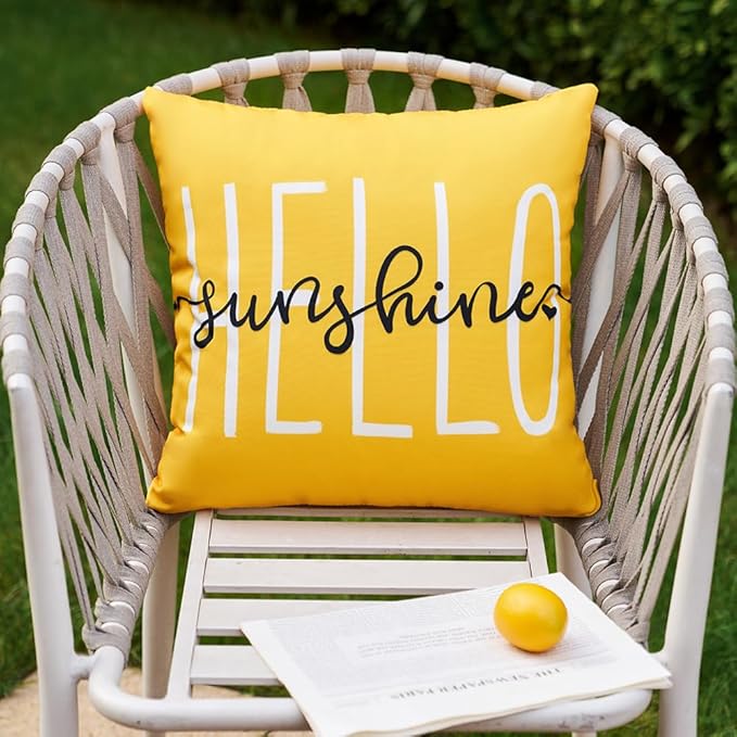 DFXSZ Outdoor Pillow Covers 20x20 Inch Set of 2 Hello Sunshine Decor Yellow Waterproof Summer Outdoor Waterproof Pillow Covers Decor for Patio Funiture Garden Sofa Couch 020B20