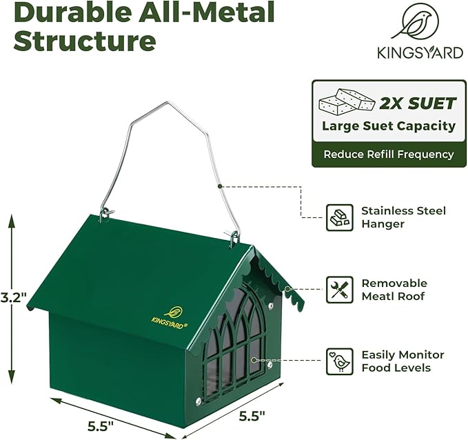 Kingsyard Double Upside Down Suet Feeder with Weatherproof Roof, All Metal Suet Feeders for Outdoors Hanging, Great for Downy Woodpecker Nuthatch Chickadee, Green