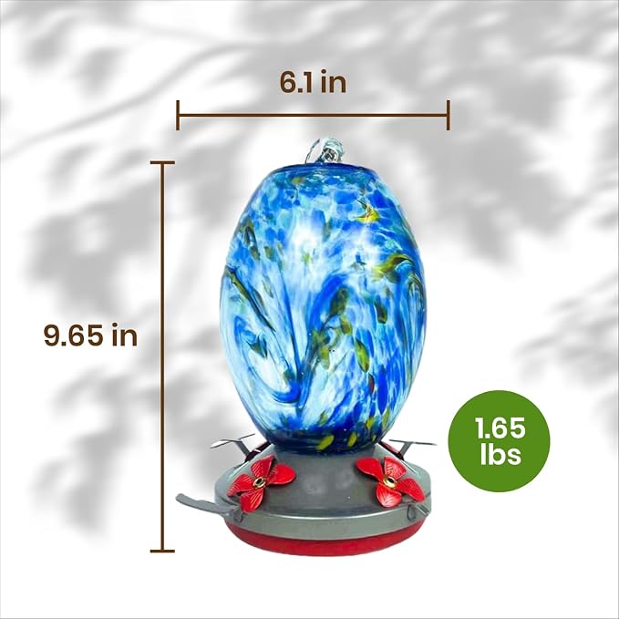 Nature Gear Glass Hummingbird Feeder for Outdoors, Hanging Bird Feeder with Ant Moat, Hand-Blown Glass Garden Feeder, Easy Clean Wide Mouth, Rust Resistant, 38 oz, Sky Blue
