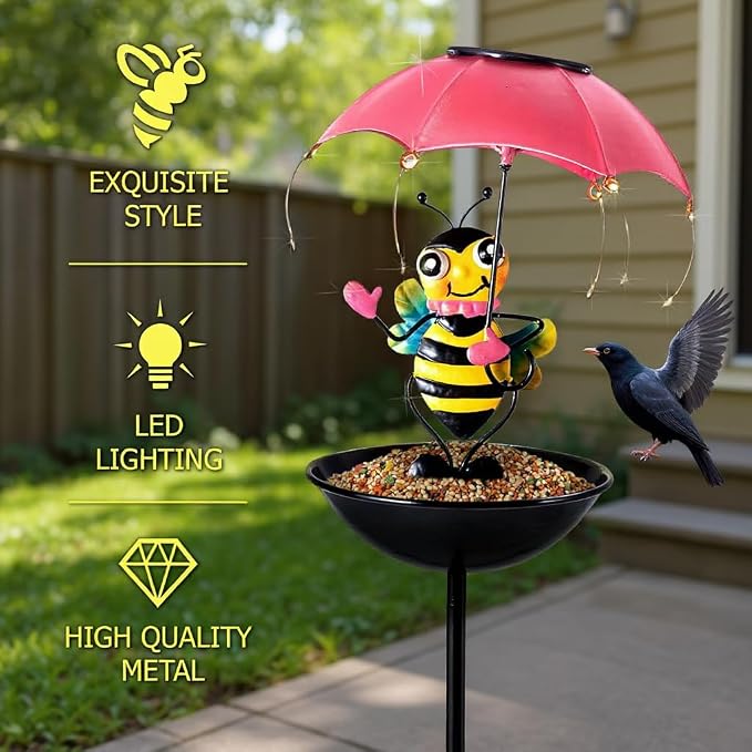 Fun Solar-Powered Bird Feeder with LED Honeybee Light - Vibrant Garden Decor, Weatherproof Feeding Device (Honeybee)