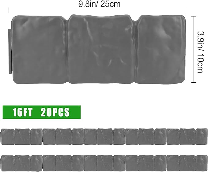 Garden Edging Border NO DIG, with Landscape Edging Anchoring Spikes, Gray Stone Effect Plastic Lawn Edging Fencing, Interlocking Yard Lawn Edging for Flower Bed | 32 Ft | 40Pcs | Gray |