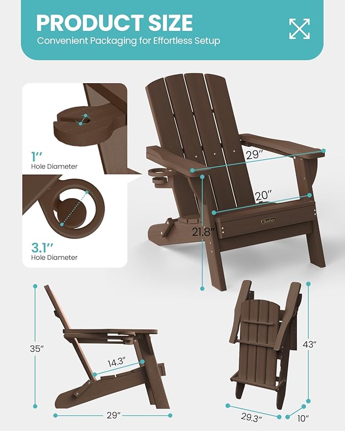 Folding Adirondack Chair 6 Pack, HDPE All-Weather Fire Pit Chairs, Plastic Adirondack Chairs with 2 Cup Holder, Outdoor Lawn Chair for Patio Garden (Brown)