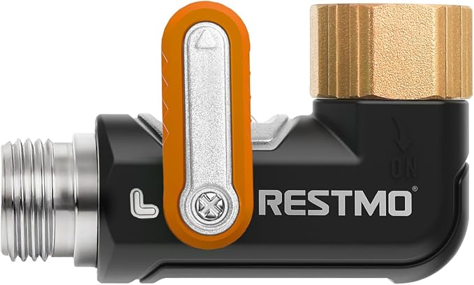 Restmo 90 Degree Hose Elbow with Shut Off Valves, Heavy Duty Full Metal One-Piece Body & Brass Widened Inlet & Outlet for RV, Garden, Spigot, Extended Handle, Universal 3/4” GHT Fit, Orange, 1 Pack
