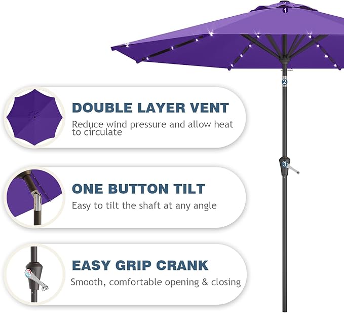 9FT Patio Umbrella with Solar Lights,Outdoor Market Umbrella with Tilt and Crank, LED Lighted Table Umbrella for Garden,Deck,Backyard,Pool,Beach