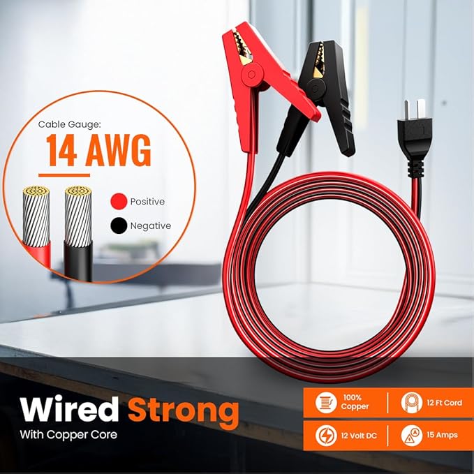 Journeyman-Pro DC Battery Charging Cables T-Type Compatible Honda Generator 14AWG 15A 12VDC Insulated Clamps 12' Feet Cord RV Replaces 32650-892-010AH EU1000i EU2000i EU3000i (T-Type Plug 12FT)