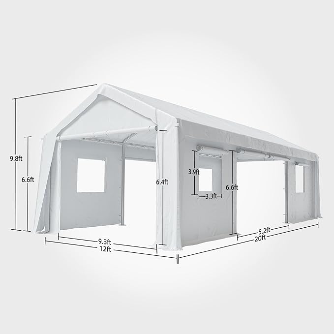 12x20 ft Heavy Duty Carport, Portable Garage Canopy with Reinforced Steel Frame, Roll-Up Mesh Windows & Doors, All-Season Car Shelter for Truck, Boat, RV, Outdoor Storage