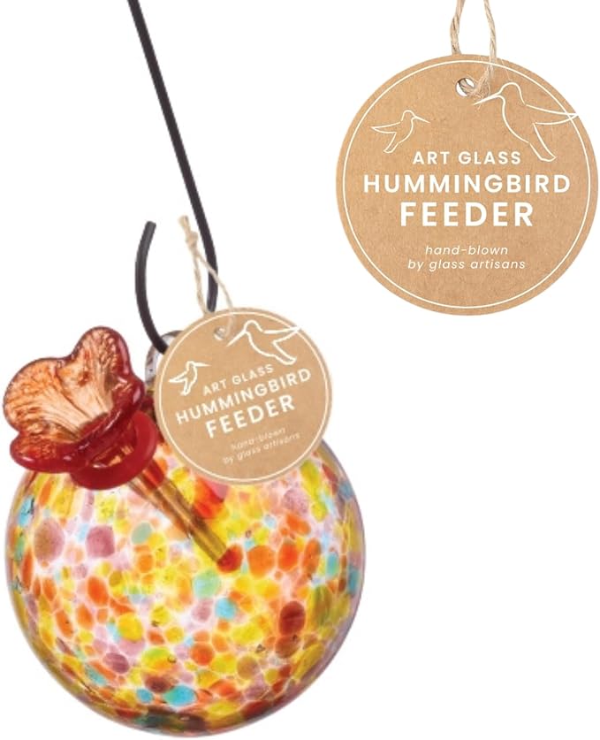 Red Carpet Studios Hummingbird Feeder Hand-Blown Art Glass, Hanging Birdfeeder with Red Flower Feeding Port, 5.5" Round Multicolor