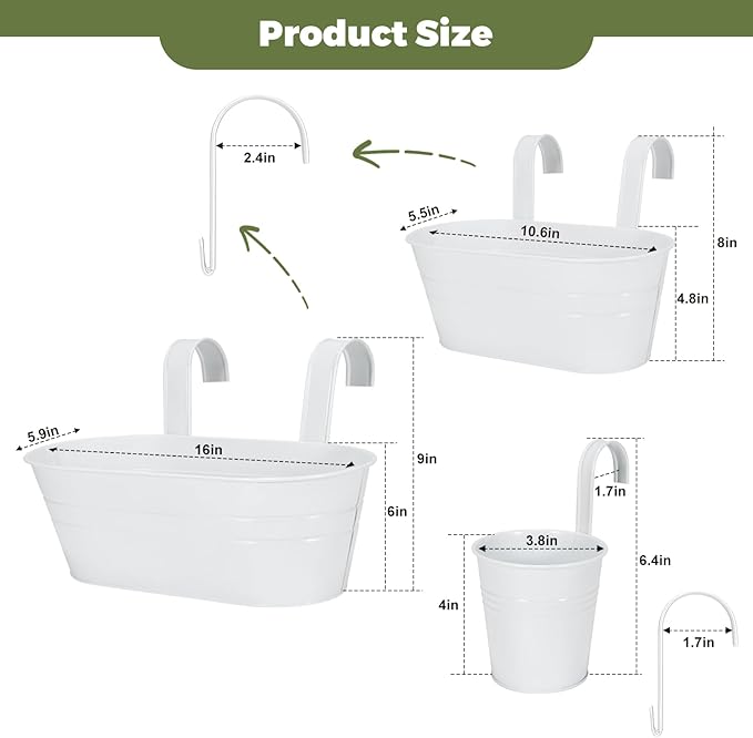 3 Different Size Metal Iron Hanging Flower Pots 10 Pcs for Outdoor Plants Metal Hanging Bucket Pots Iron Railing Fence Planter with Drainage Holes and Hooks for Porch Railing Balcony Fence (White)