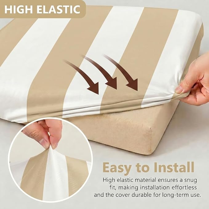 CALBODE 8 Pcs Outdoor Seat Cushion Covers, Striped Stretch Chair Seat Cover for Patio Furniture Cushions Washable Reusable Indoor and Outdoor Couch Cover Replacement (Light Brown, Cover Only)
