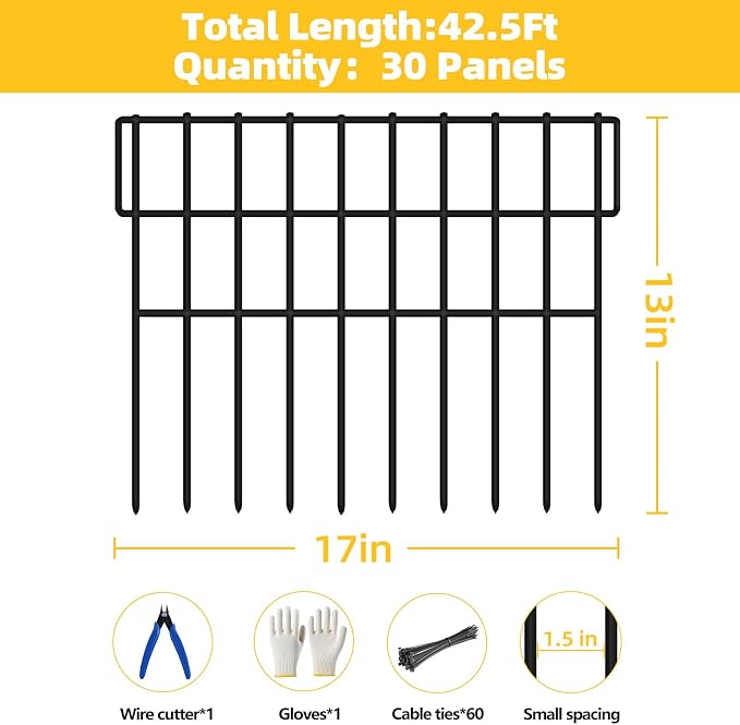 ULIOK 30 Panels Garden Fence Animal Barrier, Animal Barrier Fences No Dig Fence, 42.5ft(L) x 13in(H) Dog Fencing Rabbit Fences, 1.5in Spike Spacing Rustproof Metal Fences Border for Outdoor Yard