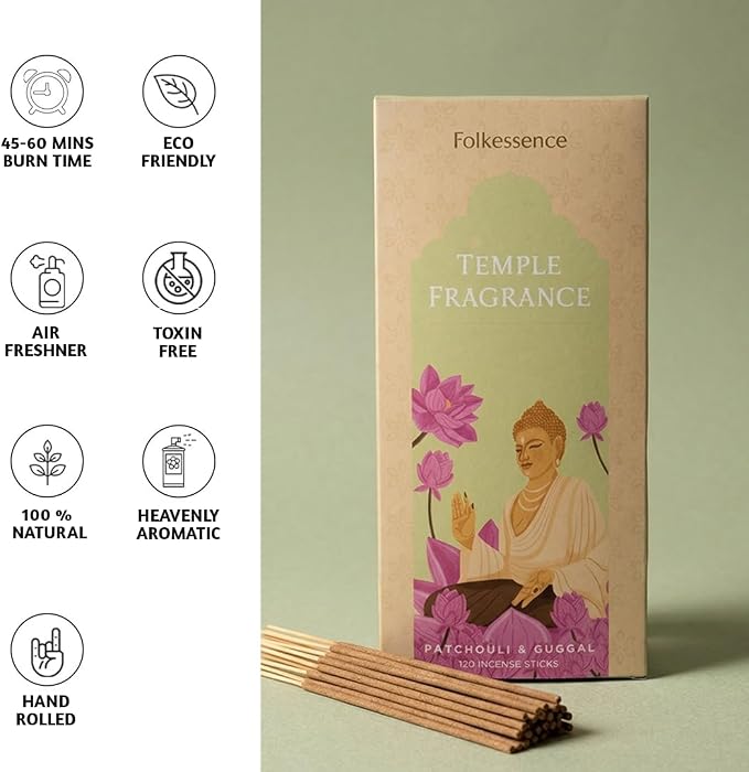 Folkulture Incense Sticks (120 Sticks) | Premium Temple Incents Stick for Spiritual Focus, Energy, Relaxation Gifts for Women | No Charcoal,Organic,Non Toxic, 45 Mins, Long Burning Insence-Sticks