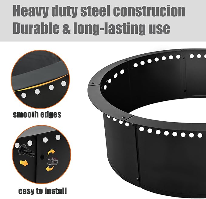 SoulMate Outdoor 46-Inch Outer/42-Inch Inner Fire Pit Ring Smokeless,Duty Solid Metal Steel Round Firepit Rim Insert for DIY Fire Pits, Outdoor Above or In-Ground, Camping Garden Patio Backyard.