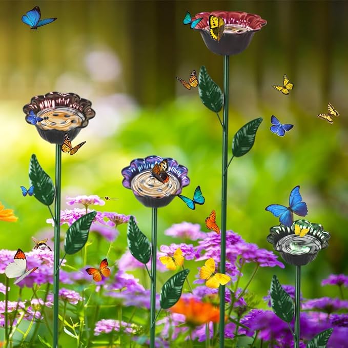 DREAMSOUL 4 Pack Bird Bath with Bee Feeder, Metal Flower Bird Baths Bee Watering Station for Garden Yard Decor (Red, Brown, Purple, Green)