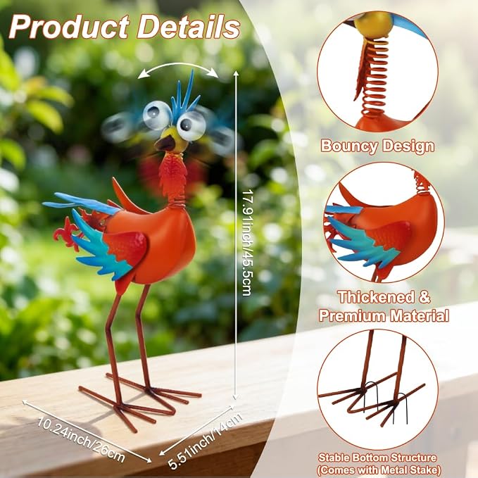 Metal Wacky Rooste Garden Statue, 17.9‘’ Rooster Decor Yard Statue Decorations Outdoor, Chicken Yard Art for Outside, Patio, Backyard, Lawn (Orange & Cyan)