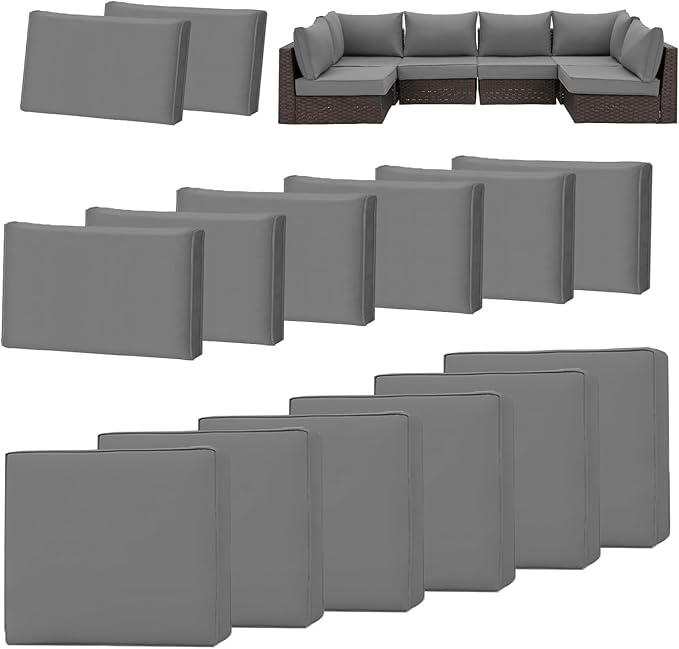 HOMREST 14-Piece Outdoor Cushion Covers Set for Patio Furniture, Reversible Double-Sided Sofa Slipcovers with Zipper, Water-Repellent Replacement Covers Only (Grey, 25.6×25.6×3.9in)