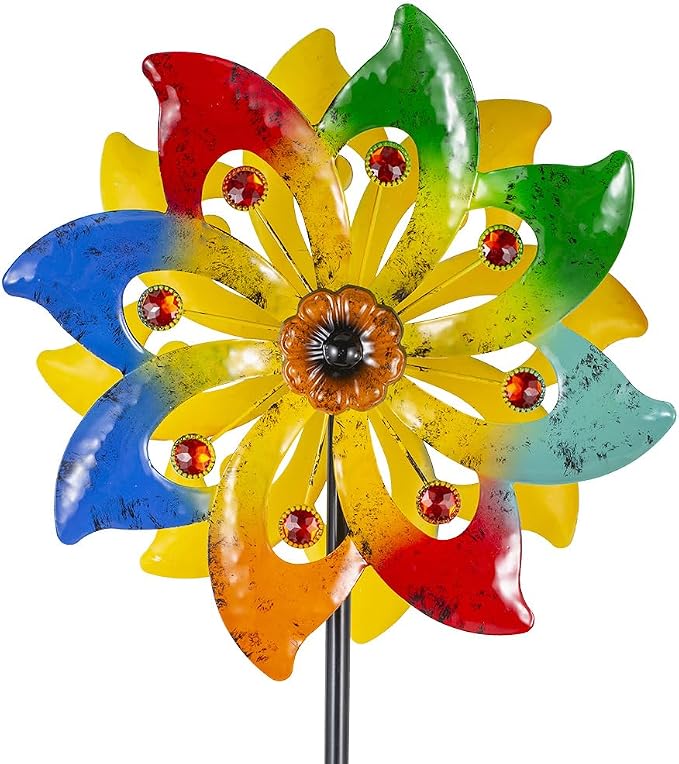 Stargarden Wind Spinner, Colorful Metal Wind Sculptures & Spinners, Double Pinwheels 63 * 13" Windmills for Yard and Garden