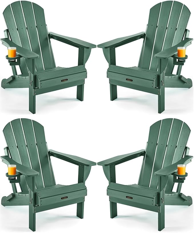 Ciokea Folding Adirondack Chair 4 Pack, Patio Adirondack Chair Weather Resistant, Plastic Fire Pit Chair with Cup Holder, Lawn Chair for Outdoor Porch Garden Backyard Deck (Green)