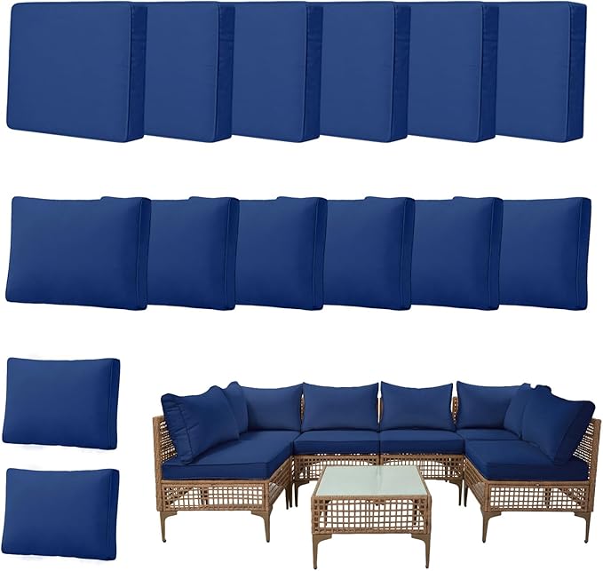 14pcs Outdoor Patio Cushion Covers Replacement, 24" Zippered Outdoor Cushion Covers Waterproof, UV Resistant & Washable Patio Furniture Cushion Covers Waterproof for Patio Sectional, Navy Blue