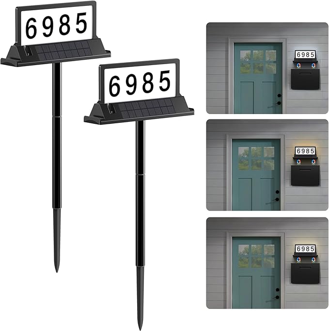 Solar Address Sign for House Numbers – Dual-Sided LED & Dual-Sided Solar Panels, 3 Color Modes, IP65 Waterproof Address Plaque, Strong Magnetic/Stake/Wall Mount, Dusk-to-Dawn for Mailbox Yard Driveway