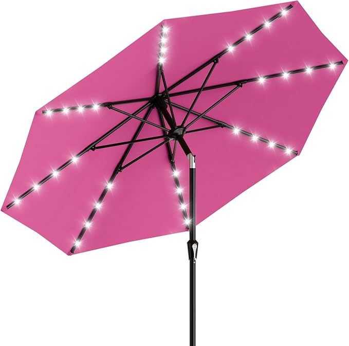 AreShark 9FT Patio Umbrella with Solar Lights, 32 Lighted Pool Umbrella w/Tilt and Crank, Outdoor Market Solar Umbrellas for Garden, Deck, Backyard, Pool and Beach, Rose Pink