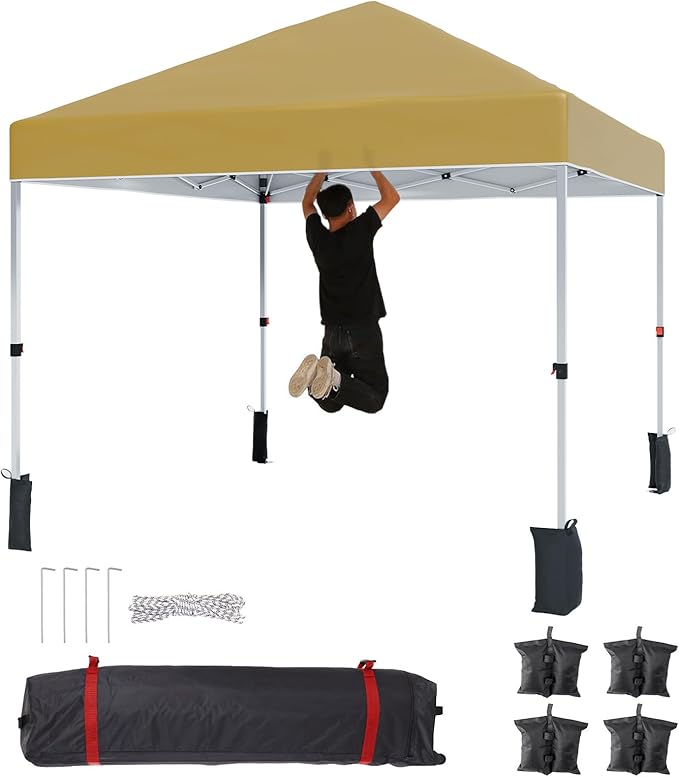 10x10ft Pop Up Canopy Tent, 90-Second One-Person Setup, Heavy Duty 500D Polyester Weather Resistant, Portable with Wheeled Bag, 8 Stakes & 4 Ropes for Camping, Beach, Partie