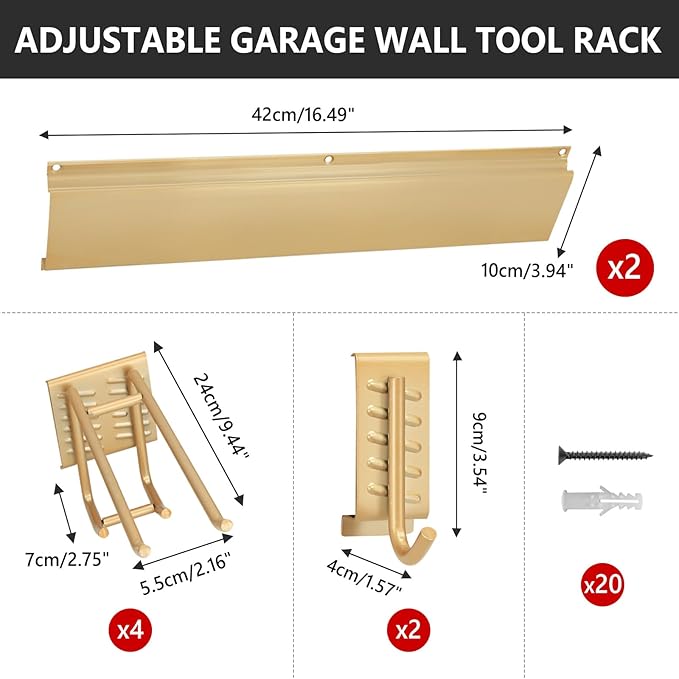 SMILECAT Wall-Mounted Garage Tool Storage & Organization Products.2Panels 6Hooks Carries 675 lbs,33in Storage Rack With Adjustable Heavy Duty Hanging Hooks.Perfect for Shovel,Yard Tools and Shed.Gold