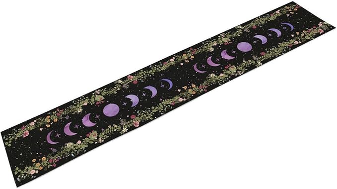 Boho Floral Table Runner, Spring Gothic Wild Flower Purple Moon Phase Star Seasonal Mystical Coffee Table Center Decor for Family Holiday Party Kitchen Outdoor Farmhouse Table Decorations, 13"x90"
