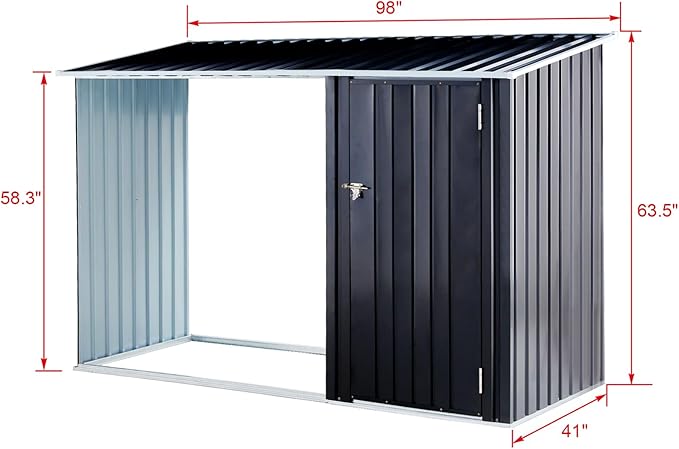Ball & Cast 98" Firewood Storage Shed,2-in-1 Galvanized Steel Outdoor Shelter Rack with Log Holder,Anthracite Waterproof House Tool Cabinet w/Lockable Doors and Pitched Roof,for Bicycles,Dark Gray