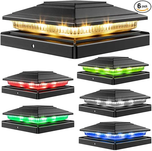6Pack Solar Post Cap Lights - 8 RGB Color Changing Modes & Multicolor Flow, IP65 Waterproof - for 4x4/6x6 Wood & 4x4/5x5 Vinyl Fence Posts - Outdoor Deck, Patio, Garden Lights (Black)