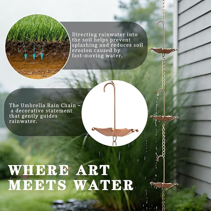 8.5FT Rain Chains with 10 Umbrella Rain Chain Cups, Rain Catcher for Gutters, Decorative Copper Rainwater Diverter Rain Chimes for Garden Decor, Replacement for Outside Gutter Downspouts in Summer