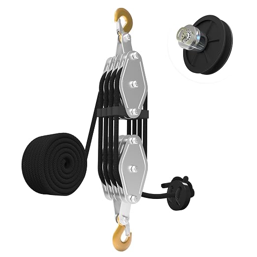 YATOINTO Rope Hoist Pulley System with Rope Guide Metal Bearing, 4400LB Pulley Block and Tackle, 8:1 Lifting Power 65ft, Heavy Duty Pulley Block for Hunting Lifting Pulling Garage Warehouses Building