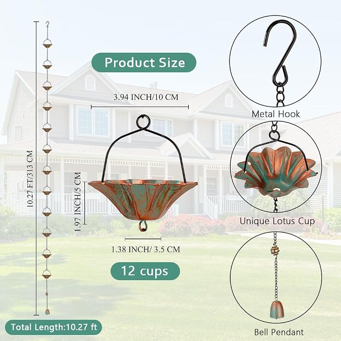 10 FT Lotus Rain Chain, Rain Chains for Gutters with 12 Bronze Cups, Adjustable Rain Catcher Chain with Bell for Eaves Drainage, Replacement for Downspout